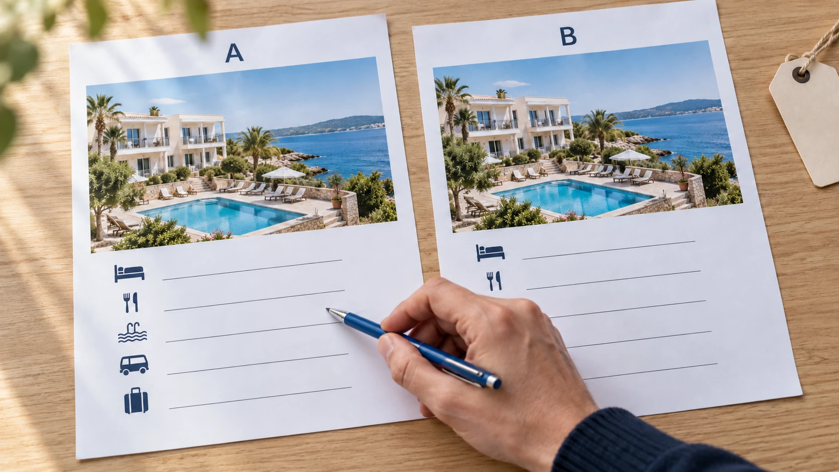 Eine Hand vergleicht mit einem Stift zwei Reiseunterlagen mit Hotelmotiven und Leistungszeilen.