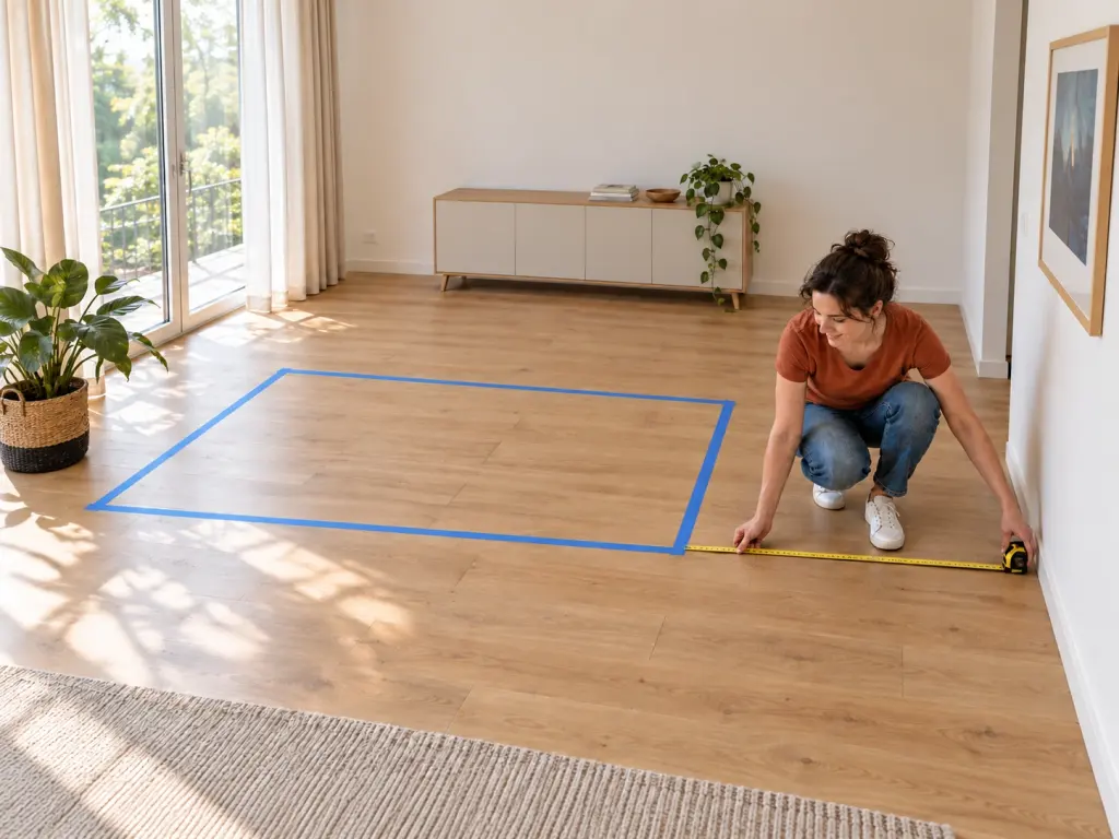 Eine Frau prüft mit einem Maßband den freien Durchgang zwischen einer blau abgeklebten Sofa-Stellfläche und der Wohnzimmerwand.